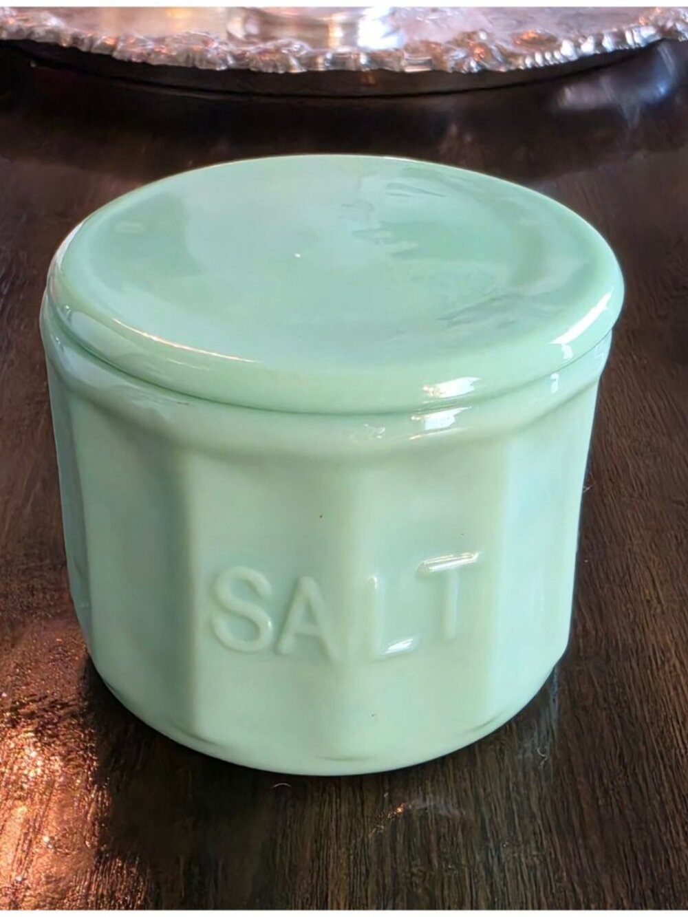 TableCraft Jadeite Green Glass Salt Cellar Box w/ Lid Embossed SALT